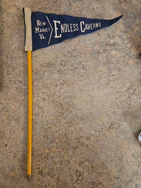 Vintage Endless Caverns New Market Virginia miniature souvenir pennant on original yellow pencil stick