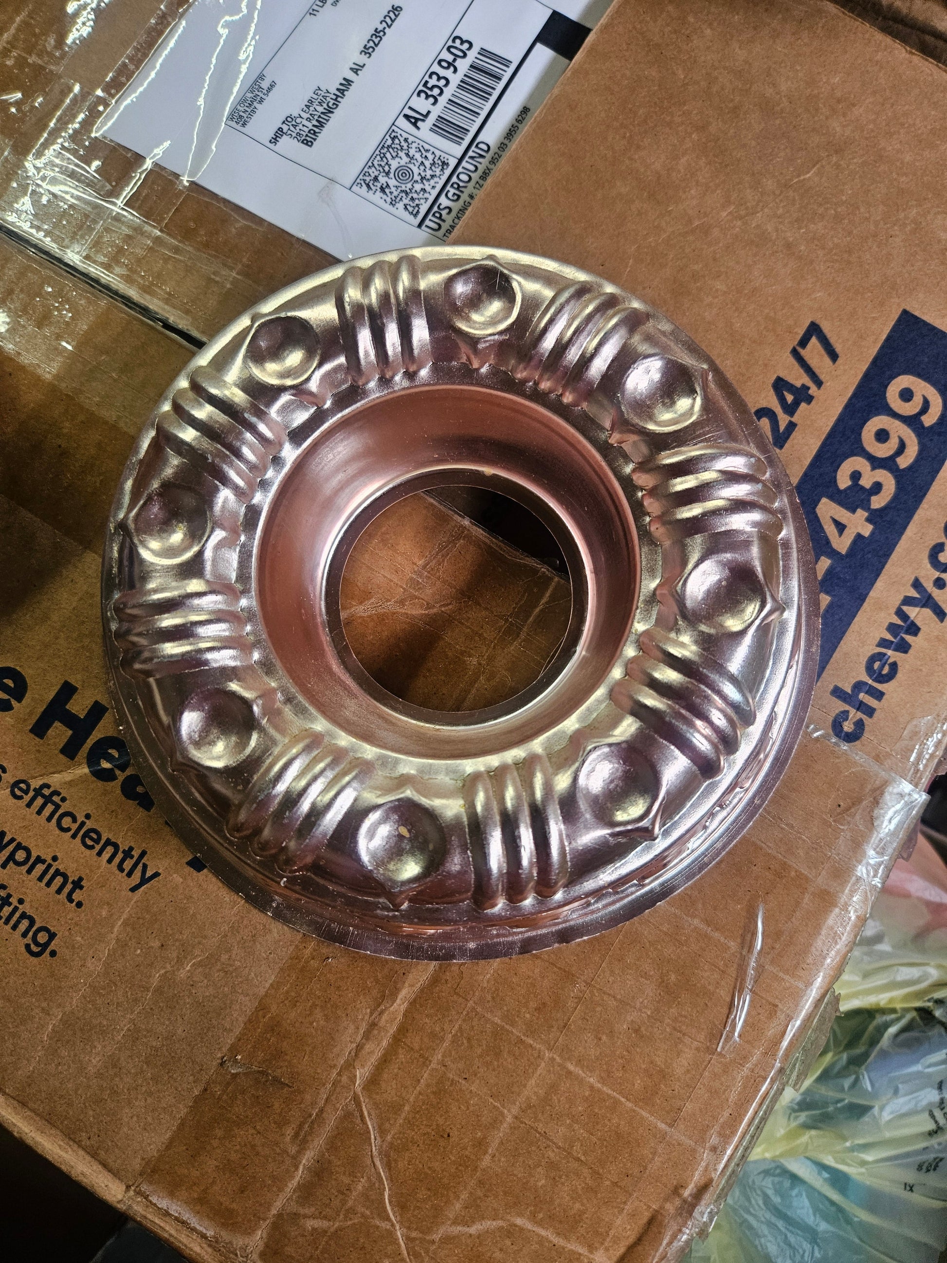 Vintage brass tone ceiling canopy lamp fitter with embossed dot and ridge decorative pattern