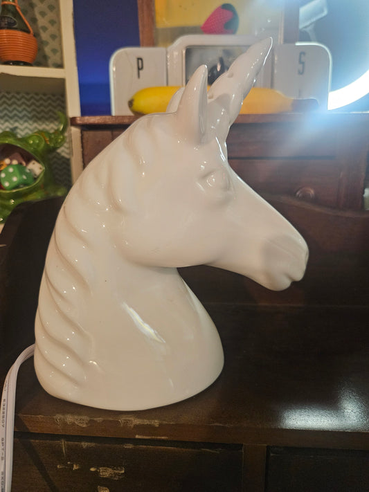 Working Ceramic Unicorn Head Lamp — Glossy White, Pierced Horn, Vintage