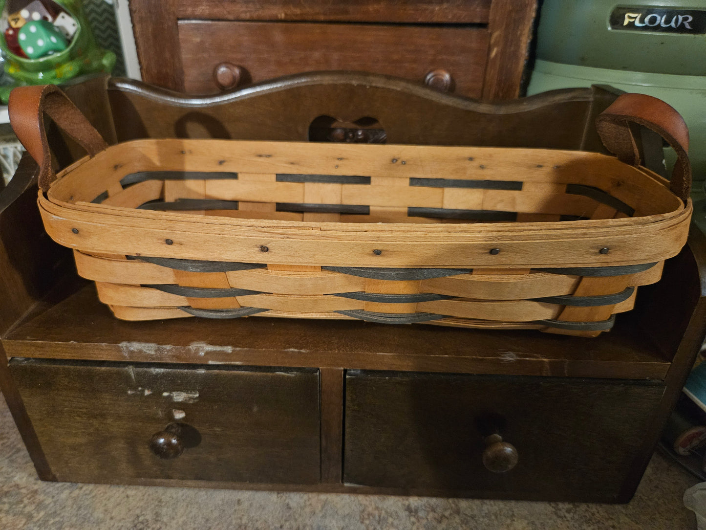 Longaberger Handwoven Rectangular Basket — Dark Accent Splints, Leather Handles