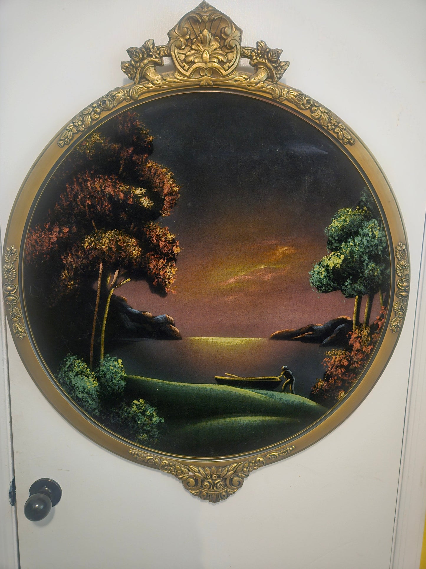 37" Round Framed Velvet Painting — Twilight Lake Landscape with Ornate Gold Frame