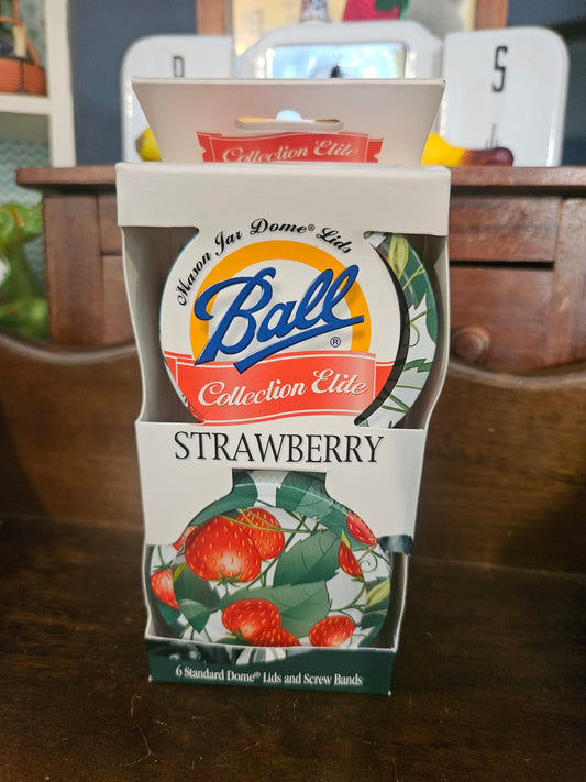 Ball Collection Elite Strawberry mason jar dome lids box front showing strawberry illustration and Ball logo