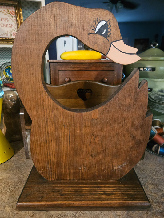Vintage wooden mallard duck shelf sitter front view showing silhouette cutout and painted eye and bill