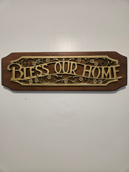 "Bless Our Home" Vintage Brass & Wood Wall Plaque — Ornate Floral Scrollwork — Cottagecore Wall Decor