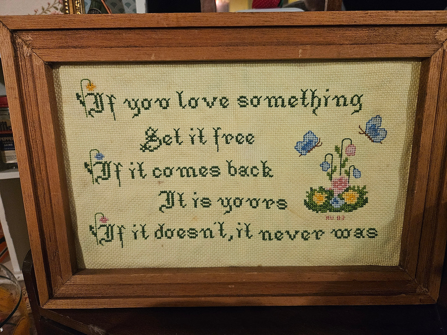 Vintage Cross Stitch Sampler "If You Love Something Set It Free" Framed