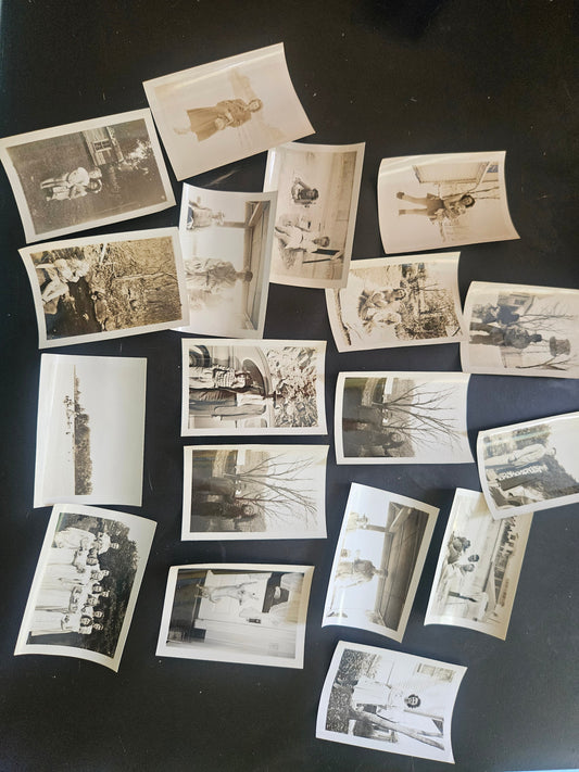 Lot of approximately 18 vintage black and white snapshot photographs spread out showing 1930s-1950s outdoor portrait scenes