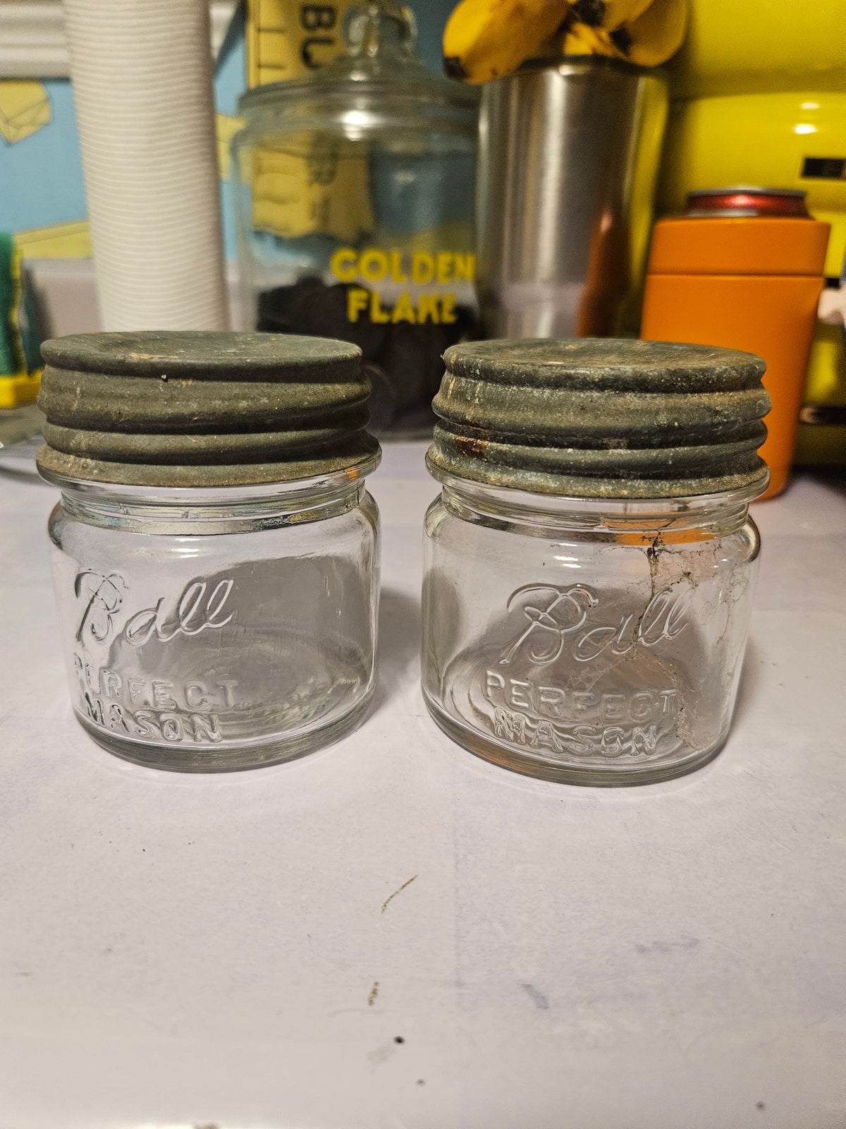Pair of Vintage Ball Pint Canning Jars with Zinc Lids & Original Seals