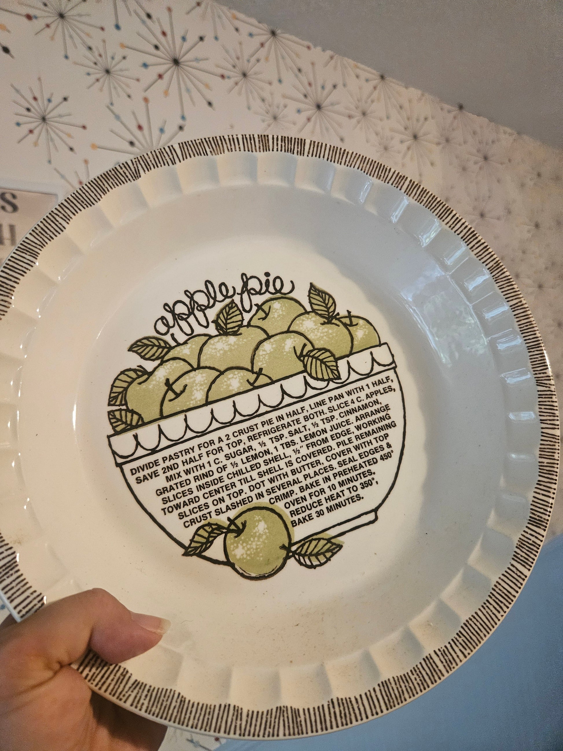 Vintage Royal China Jeannette apple pie plate showing recipe and apple illustration on interior