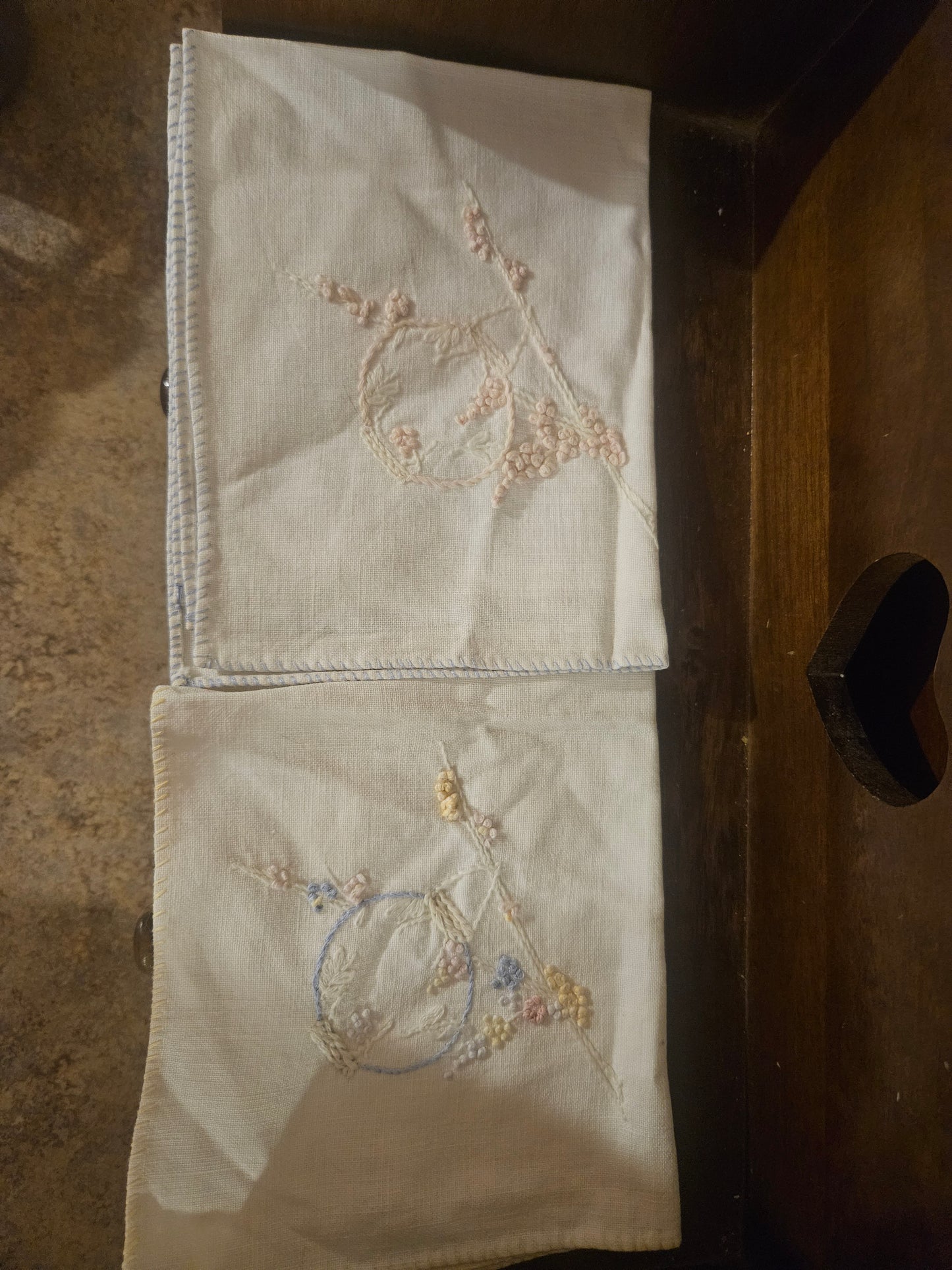 Vintage Hand-Embroidered Linen Handkerchiefs — Lot of 2 — Floral Wreath & Garland