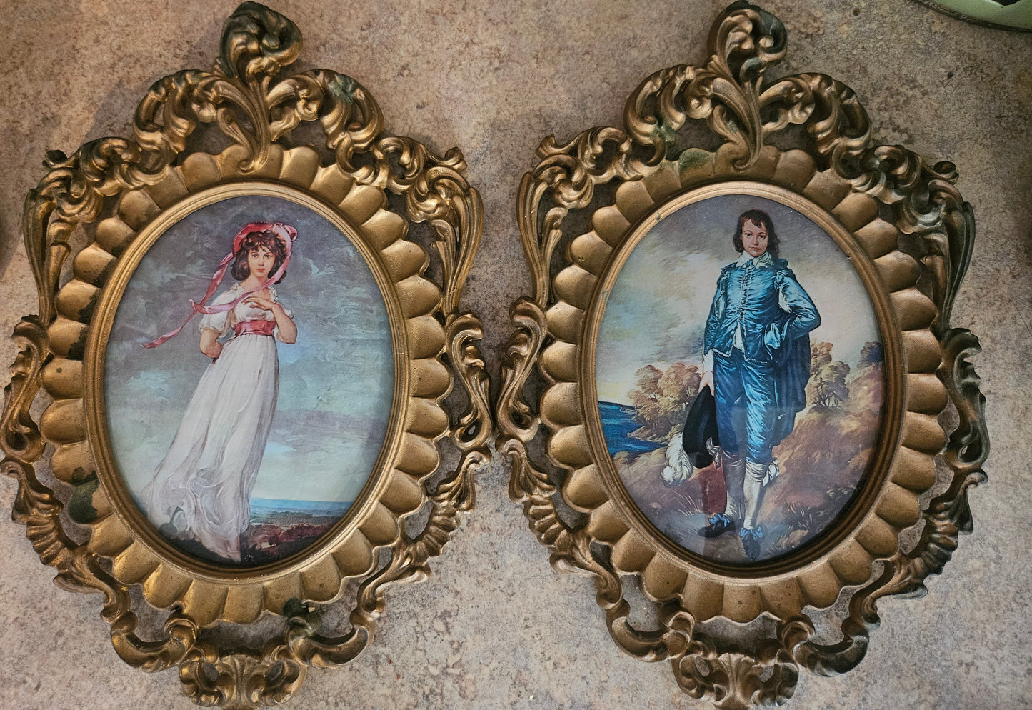 Vintage Pinkie & Blue Boy Ornate Brass Oval Frame Wall Art – Matched Pair