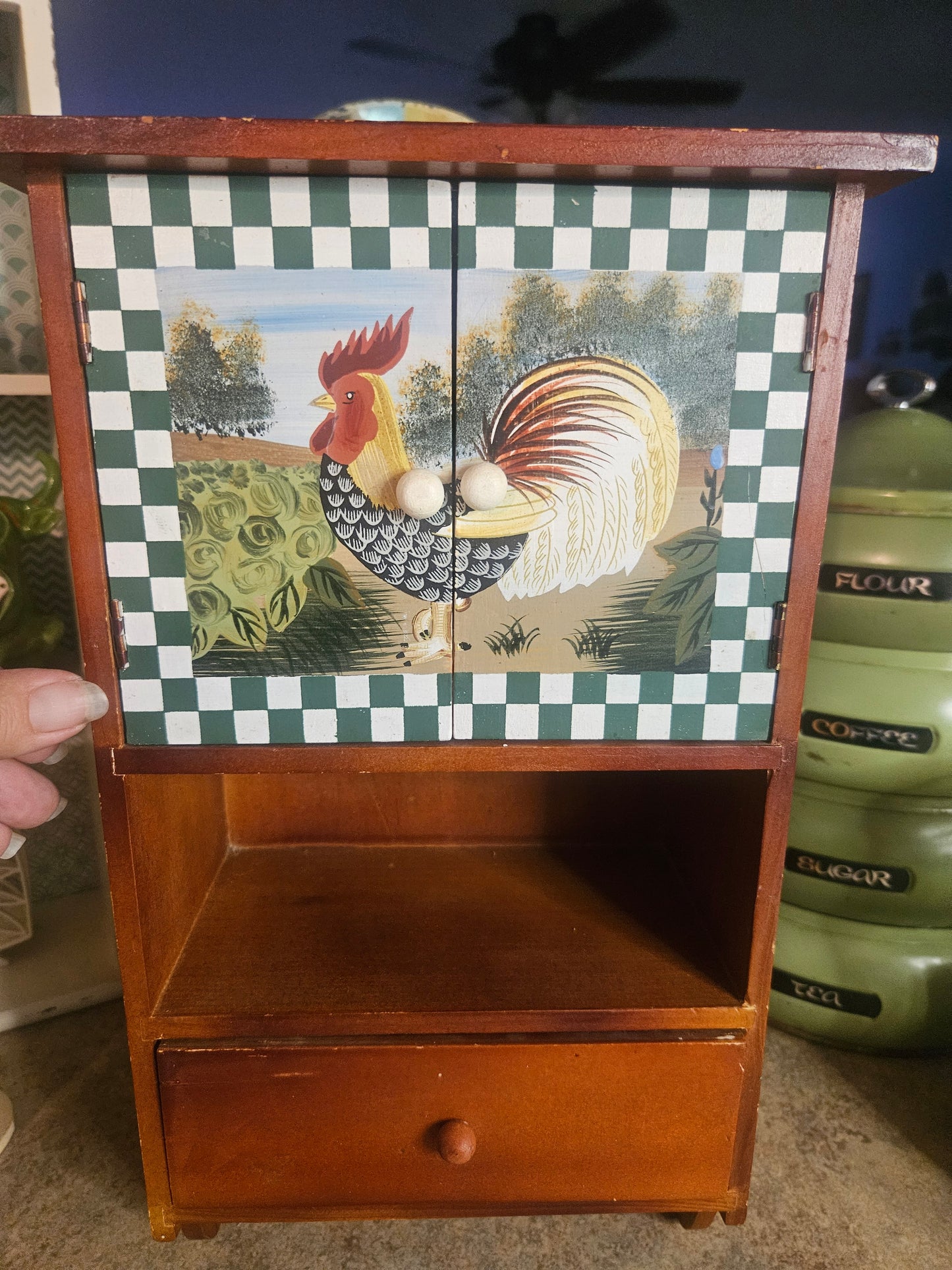 Vintage Rooster Farmhouse Mini Cabinet — Hand-Painted Doors, Shelf & Drawer, Wall Mount, 15" x 8"