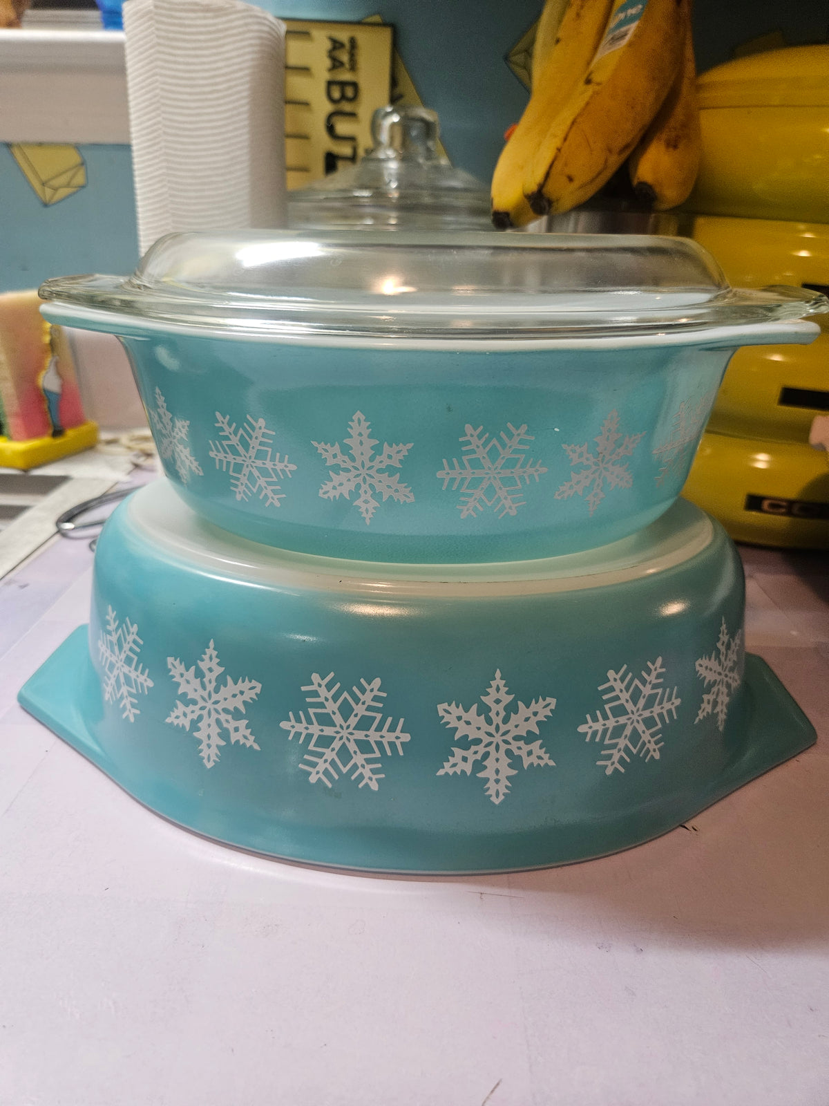 Vintage Pyrex Turquoise Snowflake Casserole Set with Lid