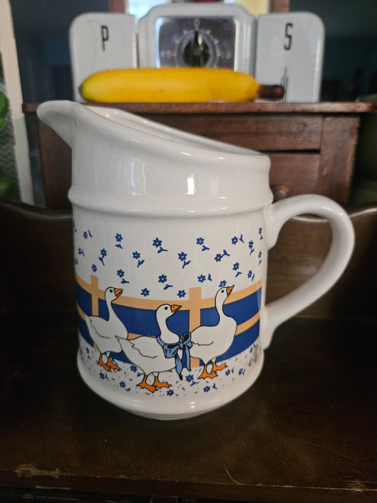 Vintage Country Goose Ceramic Pitcher — Blue & Yellow Nordic Design — Cottagecore Farmhouse