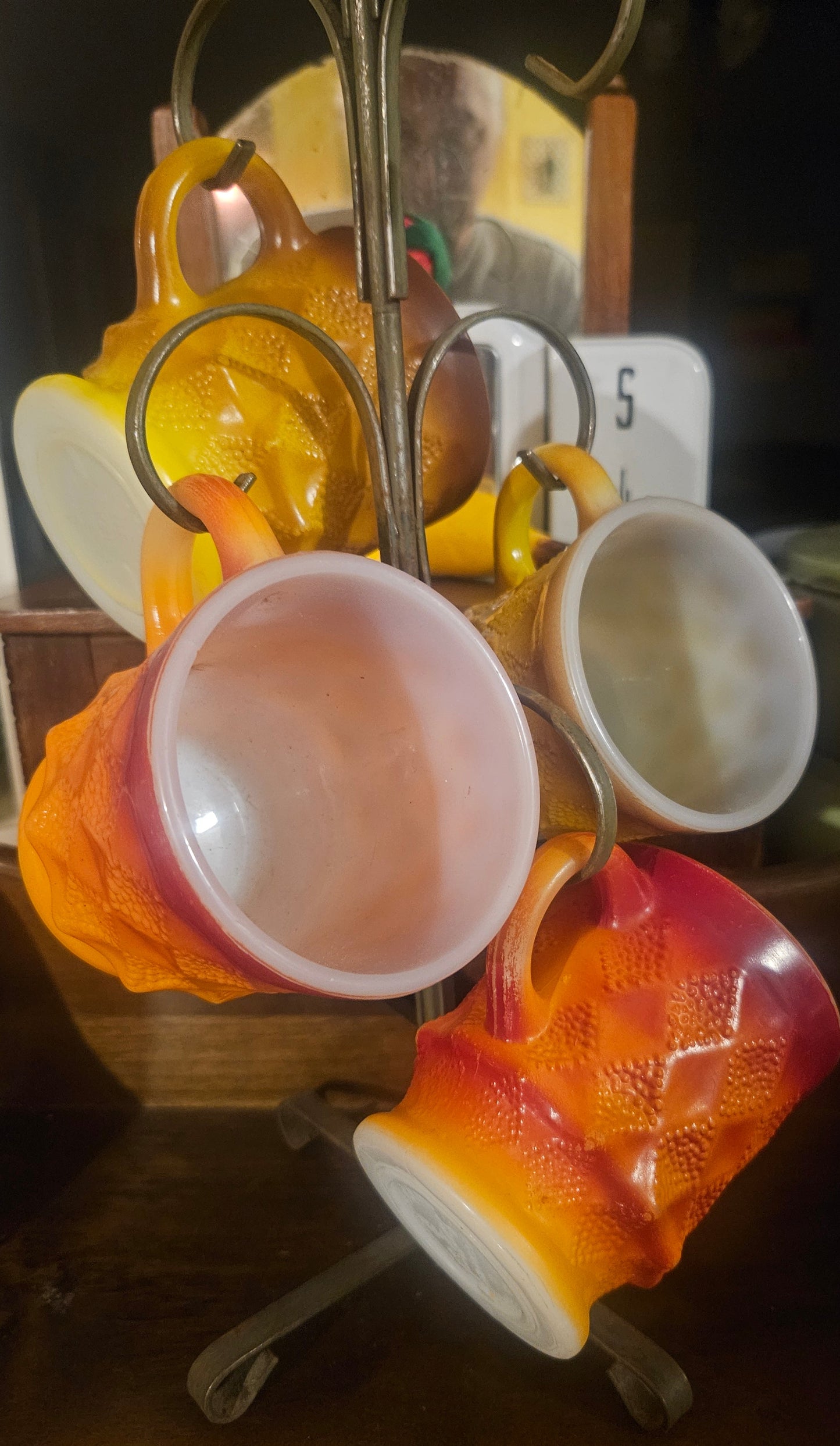 Vintage Fire-King Kimberly Lava Mugs Set of 4 with Mug Tree Rack