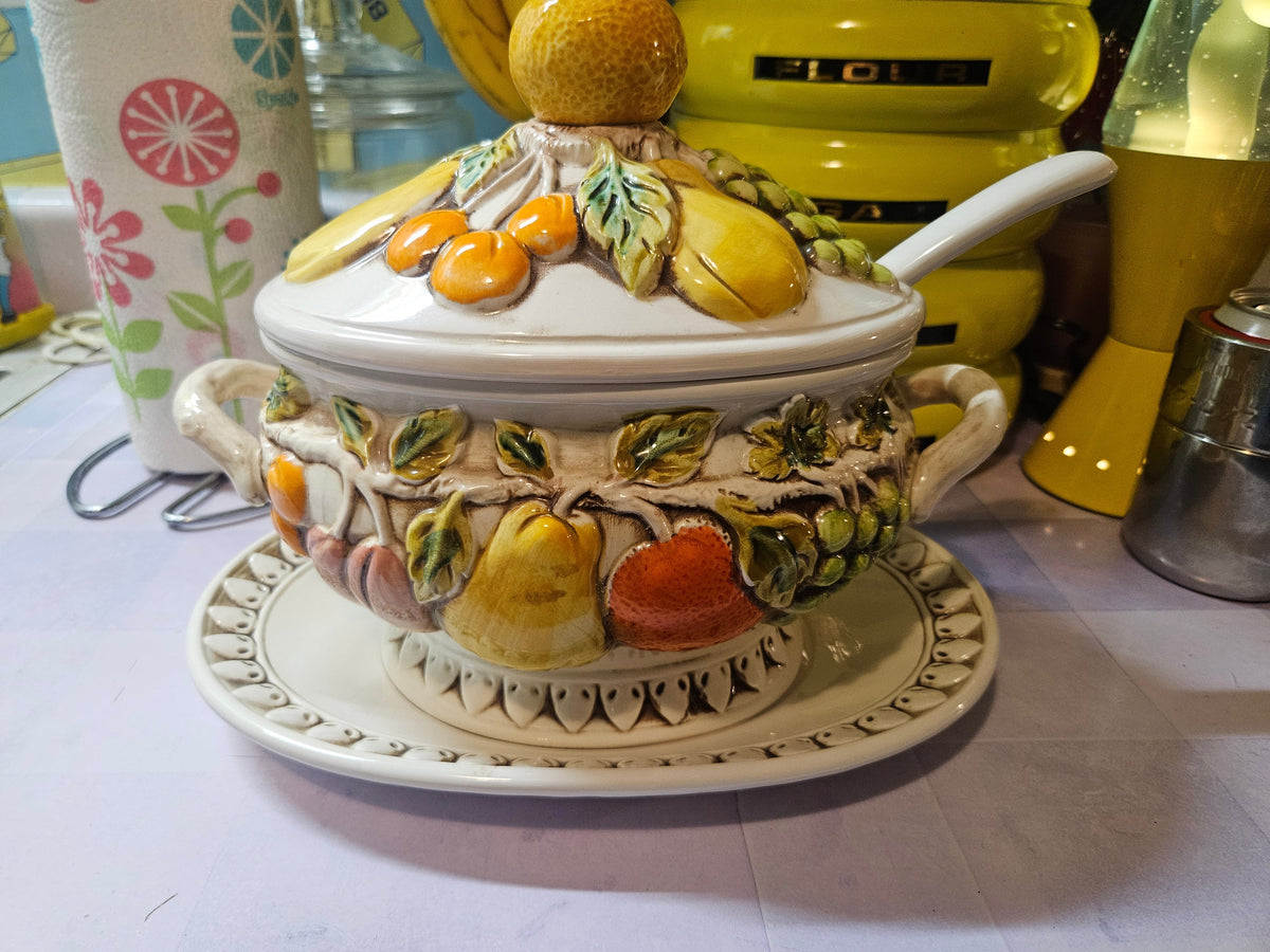 Geo. Zoltan Lefton Majolica Fruit Soup Tureen with Underplate & Ladle