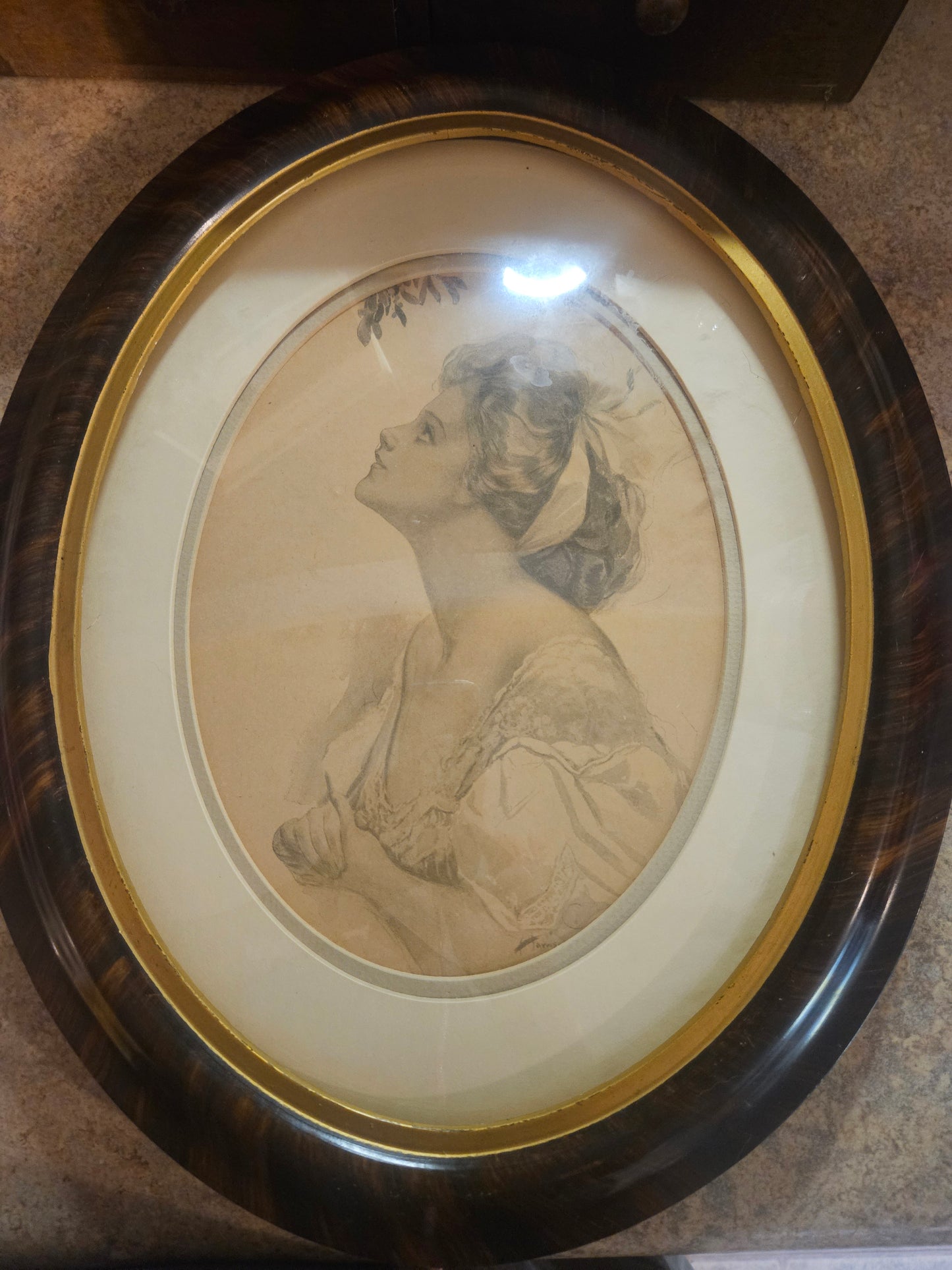 Victorian Oval Bubble Frame with Pencil Portrait of Young Woman — Ebonized Wood, Gold Liner, 16x13"