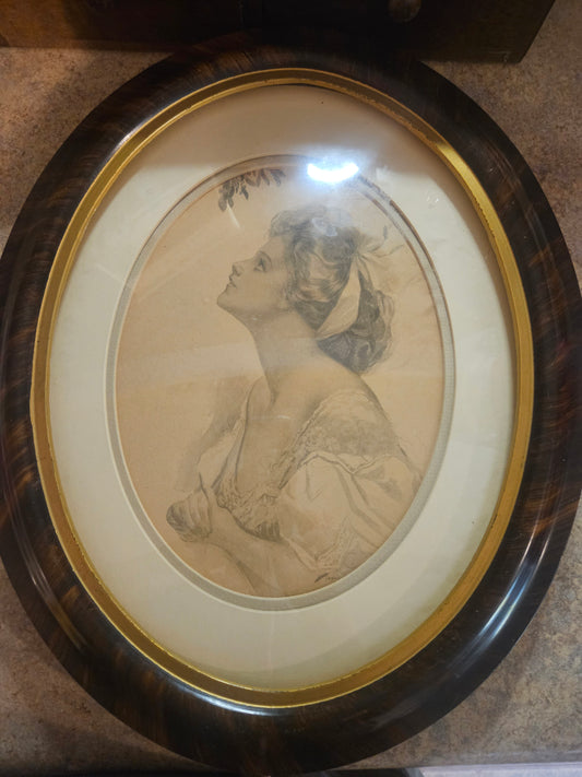 Victorian Oval Bubble Frame with Pencil Portrait of Young Woman — Ebonized Wood, Gold Liner, 16x13"
