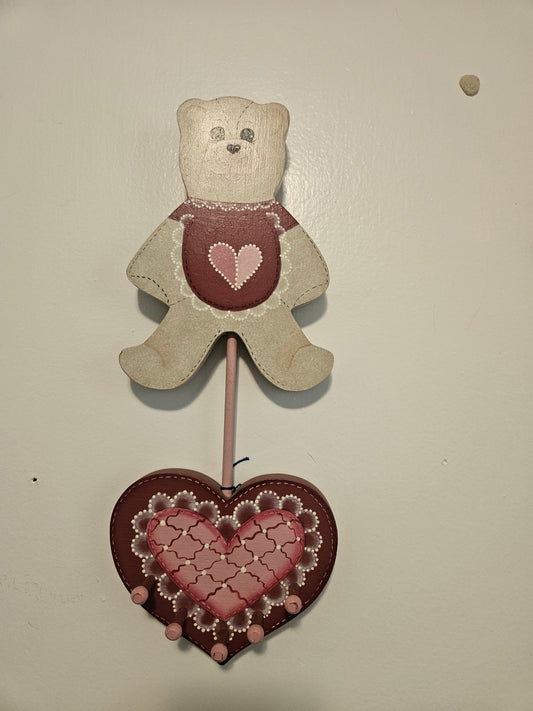 Vintage Teddy Bear & Heart Wood Wall Hanging — Hand-Painted Folk Art — Cottagecore Nursery Decor