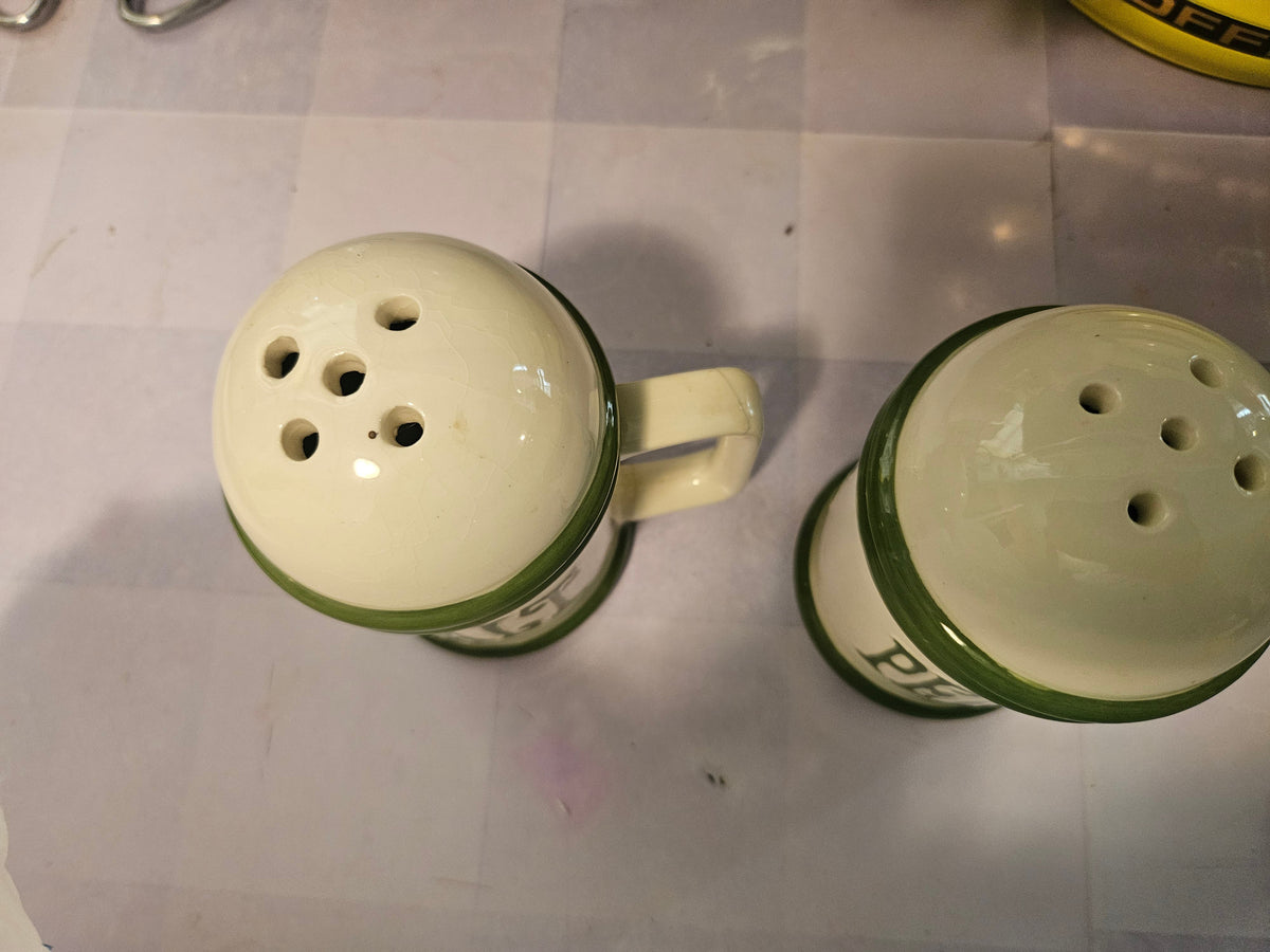 Vintage Ceramic Salt & Pepper Shaker Set — Green & Cream with Handles