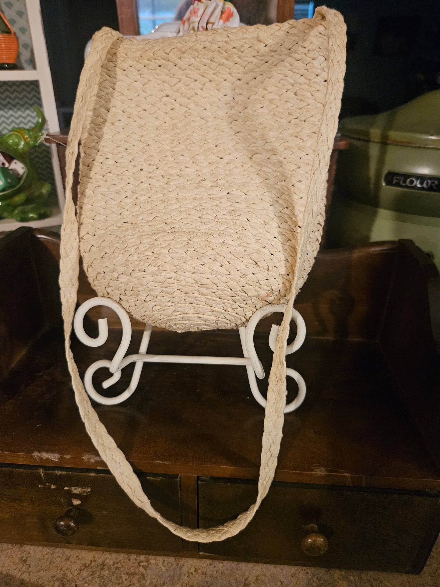 Woven Raffia Shoulder Bag — Strawberry Appliqué, Vintage Floral Lining