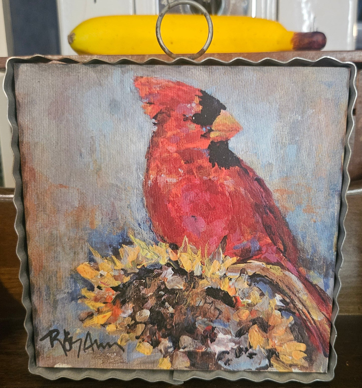 Cardinal Art Print on Corrugated Tin Tile — 6" Signed Wall Décor