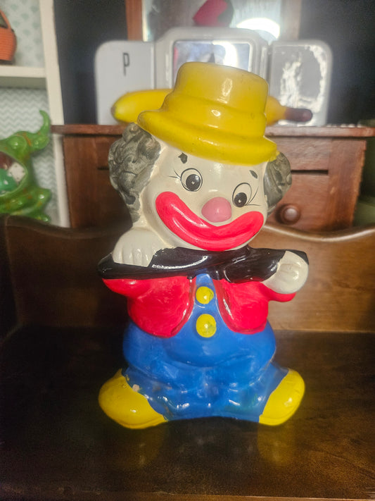 Vintage Ceramic Clown Coin Bank — Yellow Hat, Blue Overalls, Red Bow Tie, 8" x 4.5"