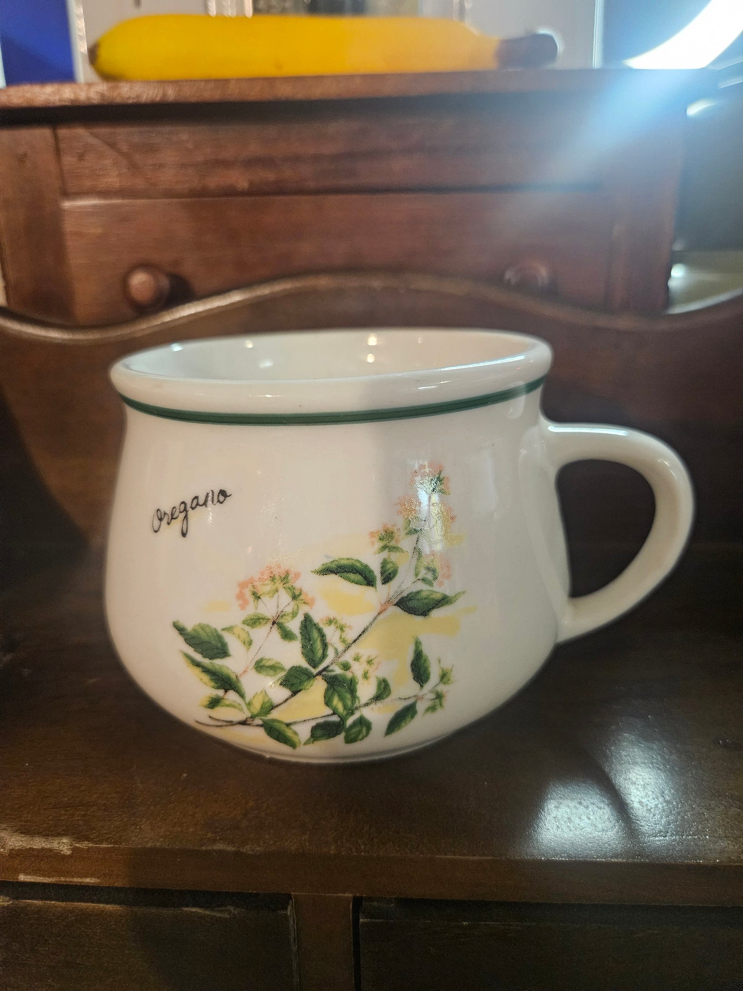 "Oregano" Herb Botanical Ceramic Soup Mug — Cauldron Style, Green Rim, Vintage Kitchen