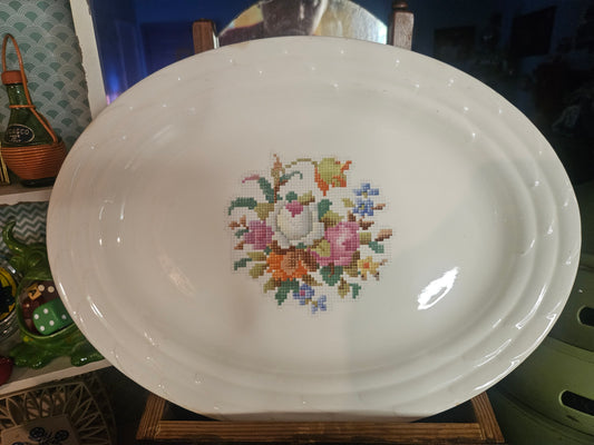 Salem China Cross-Stitch Floral Bouquet Oval Serving Platter — 12", American Pottery, 1930s–40s