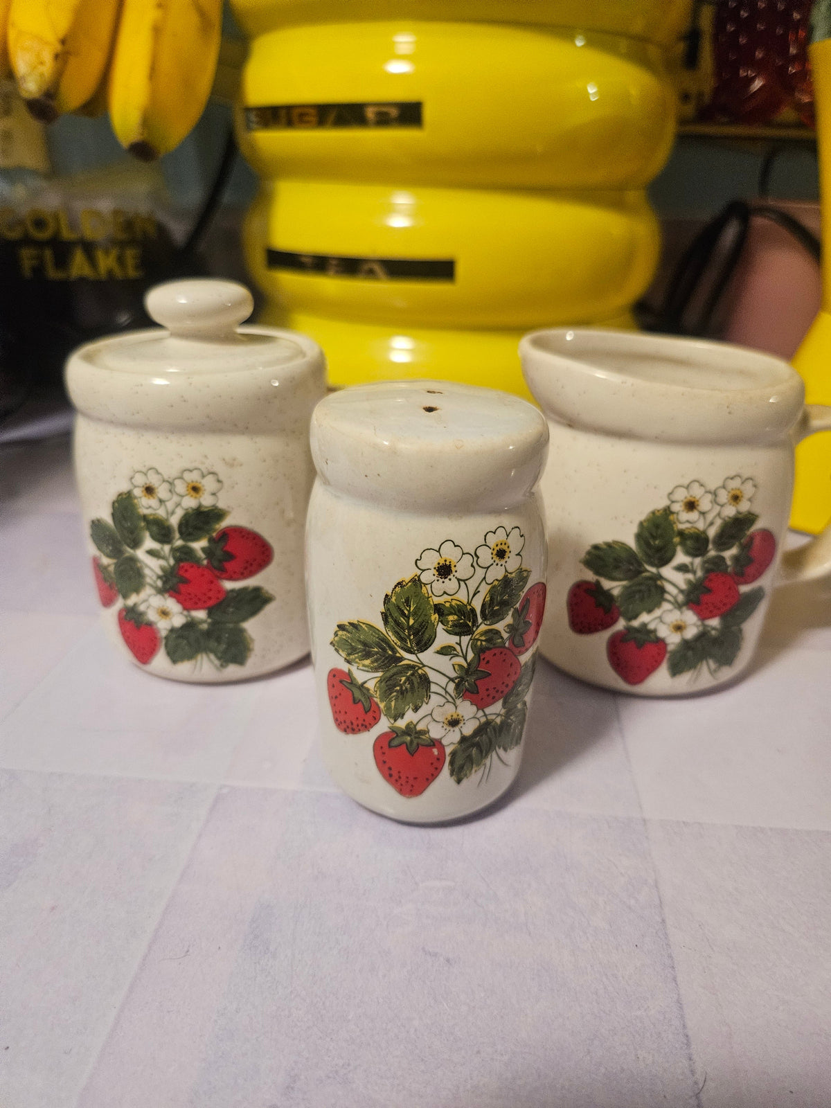 Vintage Strawberry Ceramic 3-Piece Condiment Set — Jar, Shaker & Creamer
