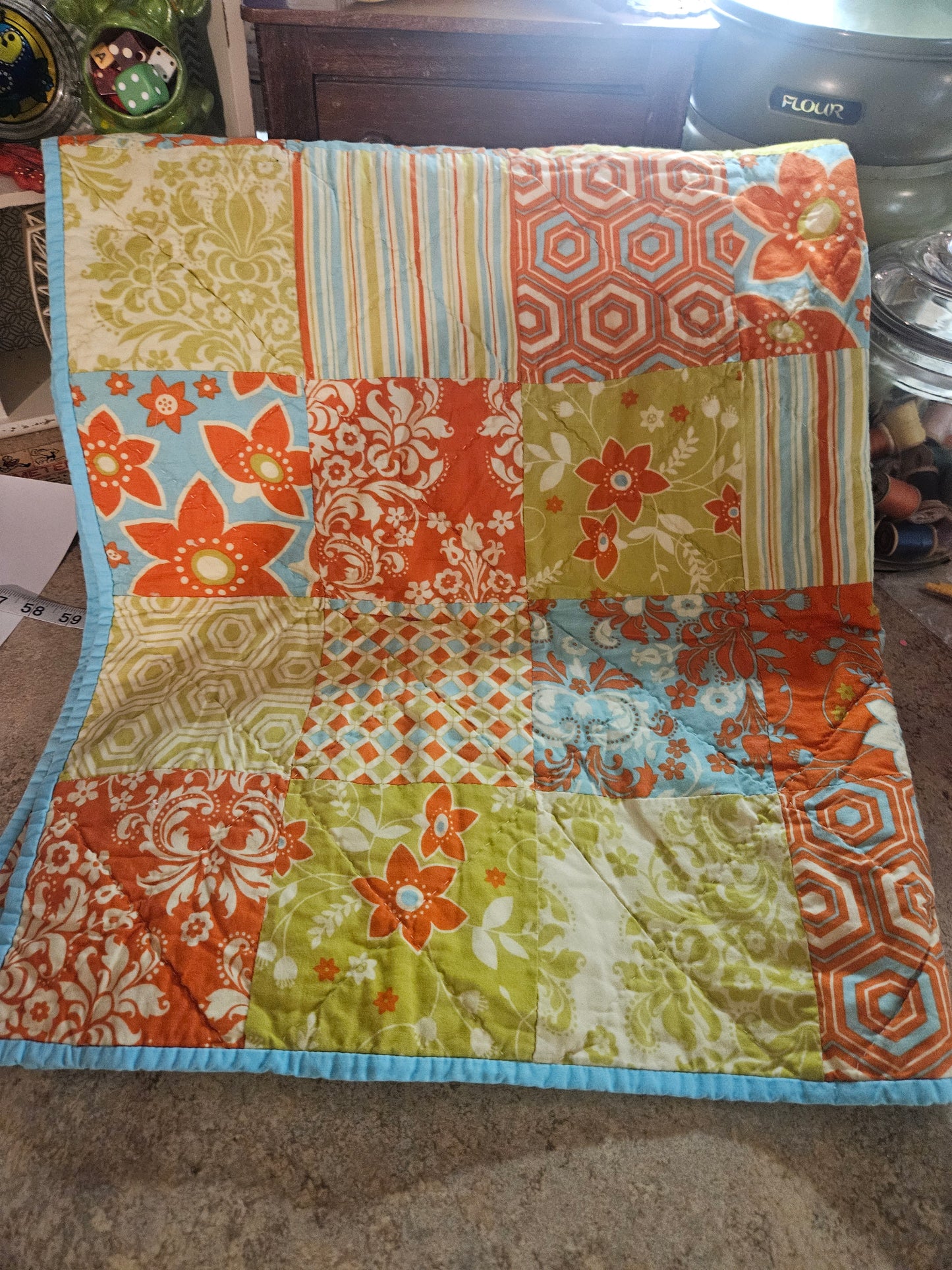 Handmade Patchwork Baby Quilt — Orange, Teal & Chartreuse, Mixed Prints, 11x10"