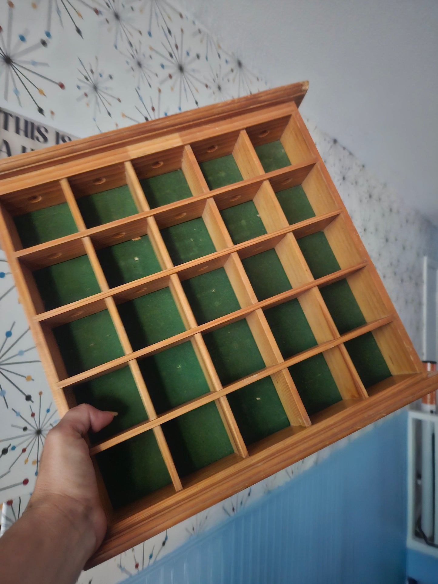 Vintage 20-compartment wooden cubby display shelf with green felt lining