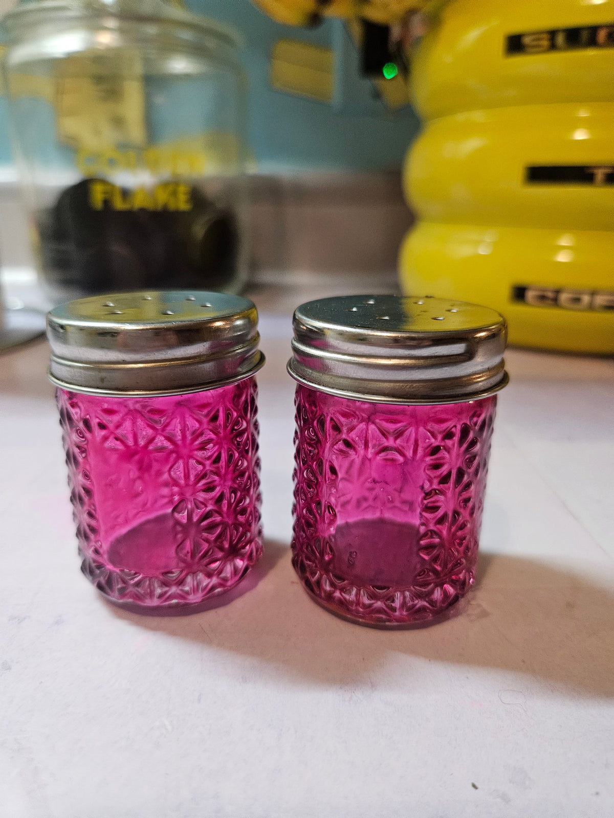 Magenta Diamond Cut Glass Salt & Pepper Shakers