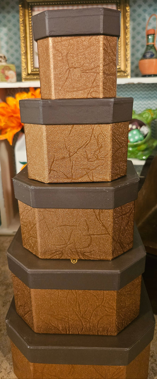 5-Piece Octagonal Nesting Box Set – Gold Embossed Copper Texture & Damask Lid