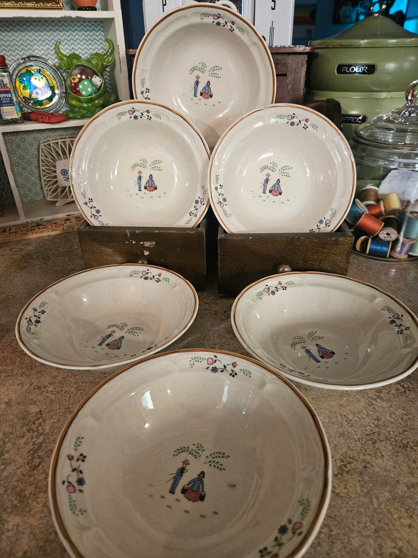 Newcor Stoneware Folk Art Couple Soup Bowls — Set of 6, Thailand