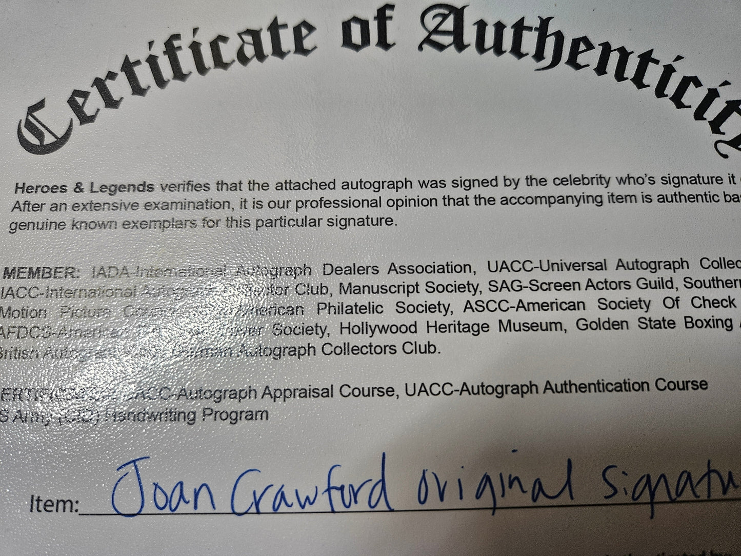 Joan Crawford Autograph — Signed Index Card with Certificate of Authenticity