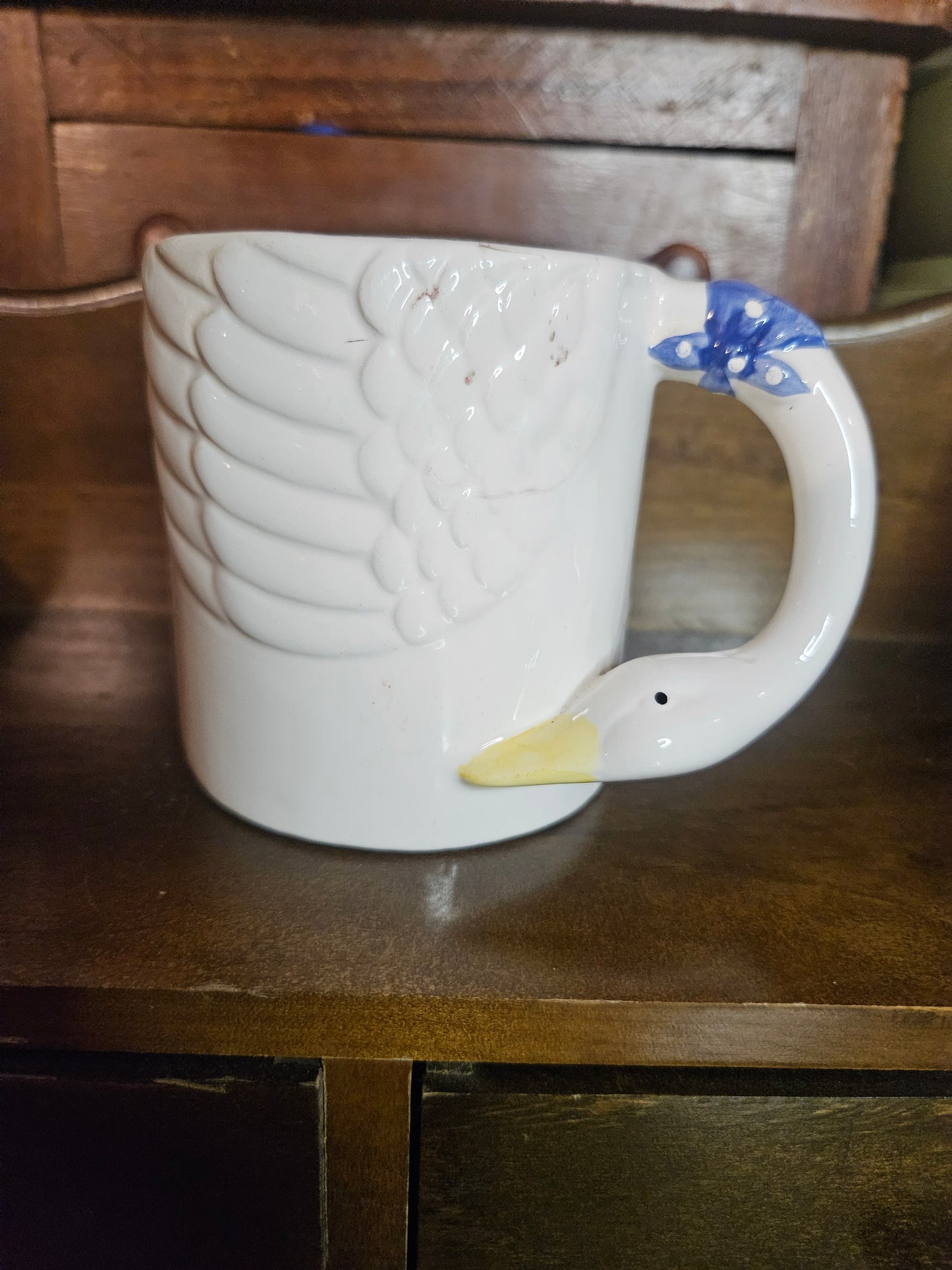 Vintage Ceramic Goose Figural Mug – Embossed Feathers, Blue Polka-Dot Bow, Country Kitchen